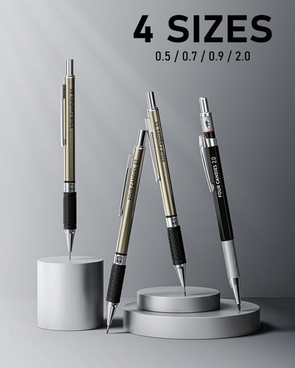 Four Candies 25PCS Art Mechanical Pencil Set with Case, 3PCS Metal Artist Lead Pencil 0.5, 0.7, 0.9 mm & 3PCS 2mm Holder (HB 2H 2B 4B Color) with 432PCS Graphite Lead Refills for Drawing Sketching