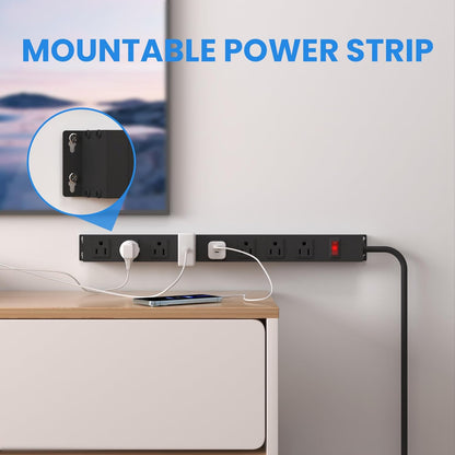 8 Outlets Metal Heavy Duty Power Strip with 12 Ft 14AWG Power Cord,Wide Spaced Outlets,Wall Mount Long Power Strip for Commercial,Industrial,School,Garage,Home,15A 125V 1875W,Black (12FT)