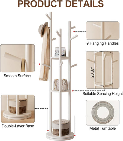 Solid Wood Rotary Coat Rack, Freestanding Coat Rack with 3 Shelves and 9 Hooks, Coat tree for Bedroom, Entryway, Livingroom, Coat Hanger Stand for Coats, Scarves, Handbags (White)