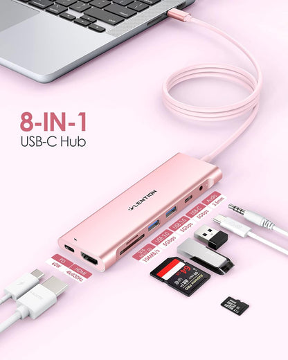 LENTION 3.3FT Long Cable USB C Hub with 4K HDMI, 2 USB 3.0, Card Reader, Aux, Type C Data/Charging Compatible 2023-2016 MacBook Pro, Mac Air/Surface, More, Stable Driver Adapter (CB-C37, Rose Gold)