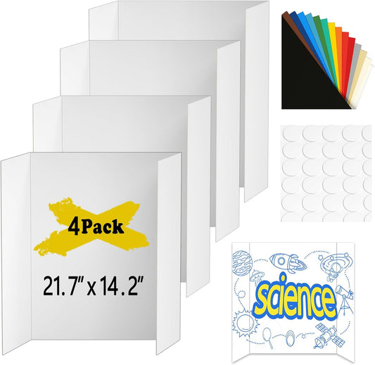 4 Pcs Small Trifold Poster Board, 21.7" x 14.2" Presentation Board, with Double Sided Tapes and Cardboard, White Corrugated Project Boards/Display Board for School Project/Science Fair Display Boards
