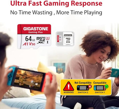 【For Switch 1 Only】 GIGASTONE 64GB Micro SD Card 2-Pack, Gaming Plus, MicroSDXC Memory Card for Nintendo-Switch, 4K UHD Video Recording, UHS-I U3 C10 A1 V30, up to 90MB/s, with Adapter