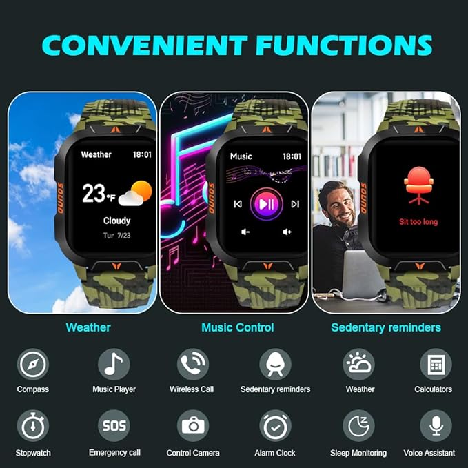 QTLLBT Smart Watch Receive/Make Calls LED Flashlight Compass Altitude 2.01HD Fitness Tracker Multi-Watch Face 100+ Sports Mode for Android iOS (Camouflage Green)
