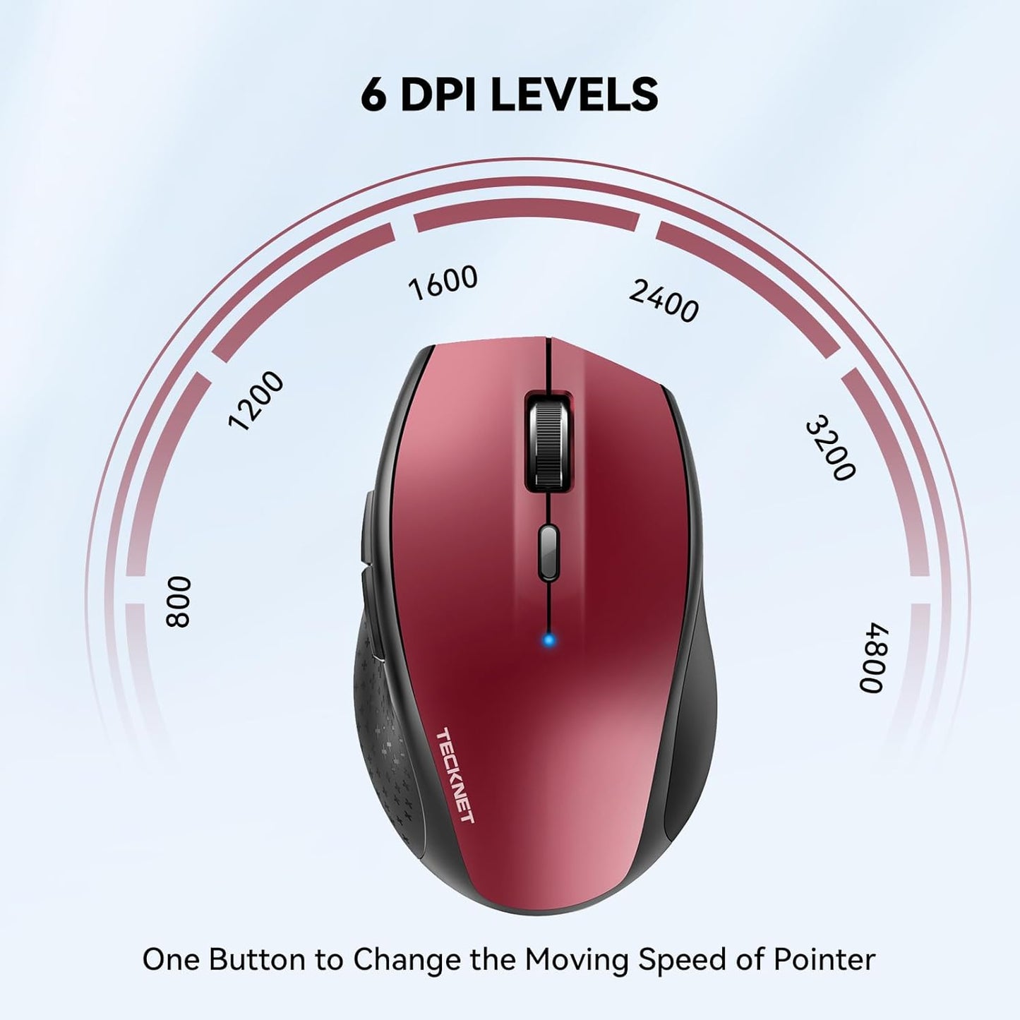 TECKNET Bluetooth Mouse, 4800 DPI Wireless Mouse, 2-Year Battery 6 Adjustable DPI, 6 Buttons Compatible with Laptop/Windows/Computer - Red