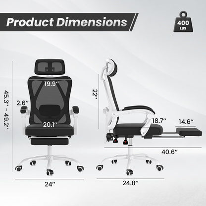 Farini Ergonomic Office Chair with Footrest, Mesh Office Desk Chair with Headrest, High Back Computer Chair with Adjustable Lumbar Support for Home Office Study Room Bedroom, White & Black