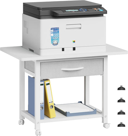 22"x15" Large Printer Stand with Storage Drawer, 2-Tier Under Desk Table for Home Office, Fits Fax Machine/3D Printer/Scanner (White)