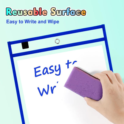 50 Packs Dry Erase Pocket Sleeves, Reusable Clear Plastic Classroom Sleeves, 10x14 Inch Ticket Holders, for School/Office Organization