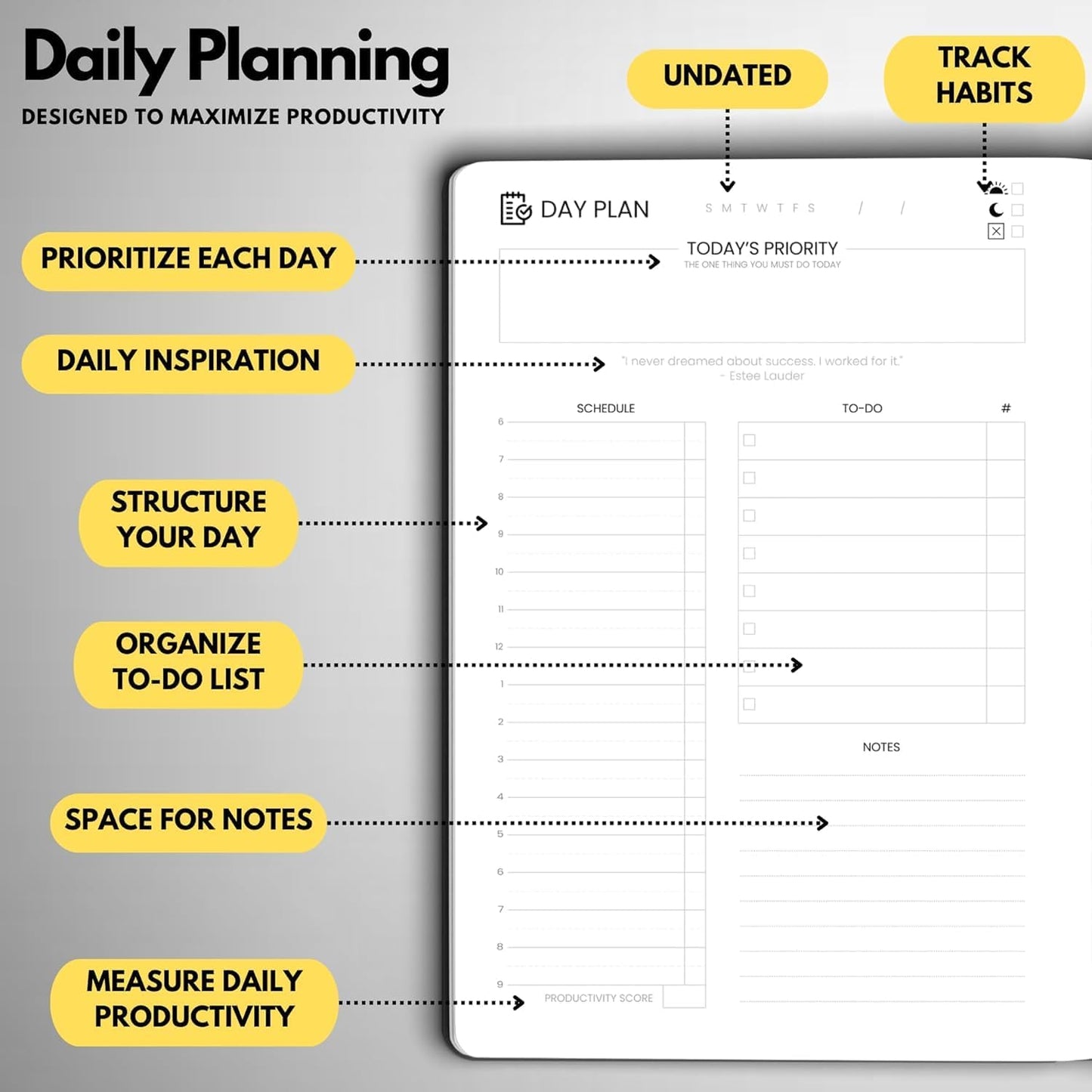 Undated Daily Planner – 3-Month A5 Productivity Organizer with Full Page Per Day, Hourly Schedule, Goal Setting, Habit Tracker, Weekly & Monthly Pages – Hardcover Time Management Notebook (Black)