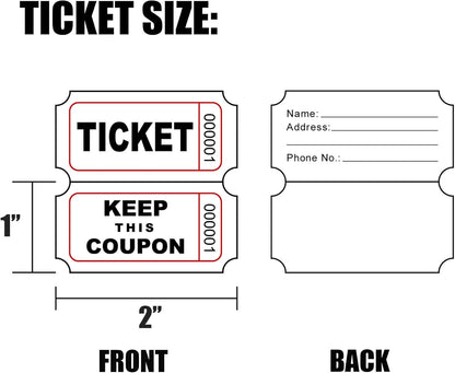 DNB 1000 Raffle Tickets - Double Roll 1000 Pairs per Roll 2 x 2 Inch 50/50 Consecutively Numbered Tickets for Entry/Events/Fundraiser/Prizes - White