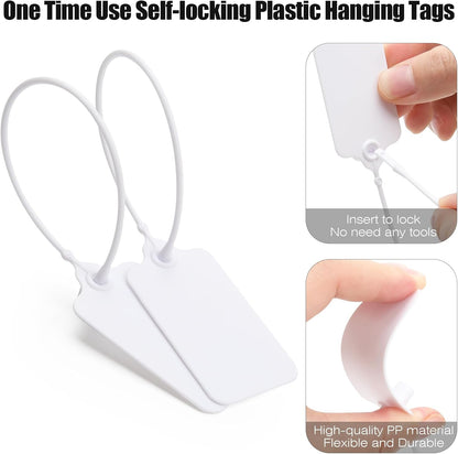 50 White Blank Plastic Tags for Labeling Waterproof Hanging Labels Writable Tags Seal Plastic Marking Label for Clothes Bags Keys Inventory with One Marker Pen