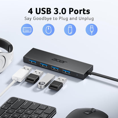 Acer USB Hub 4 Ports, Multiple USB 3.0 Hub, USBA Splitter for Laptop with Type C Power Port, Extender for A Port Laptop, PC, Desktop and More (4ft)