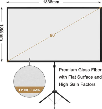 Portable Projector Screen with Stand, Outdoor Movie Screen, 80 Inch 16:9, Light-Weight, Mobile and Compact, Easy Setup and Carrying, Projection Screen with 1.2 Gain Glass Fiber, Idea for Home Cinema.