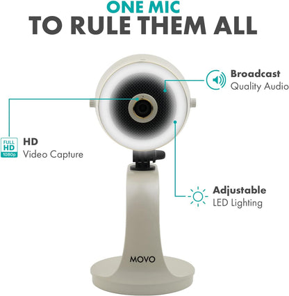 Movo WebMic HD Pro All-in-One Webcam with Mic and Ring Light in Pearl White- 1080p HD Camera, Pro Cardioid Condenser Microphone, LED Ring Light -HD Webcam For Streaming, Video Calls, Recording, Gaming
