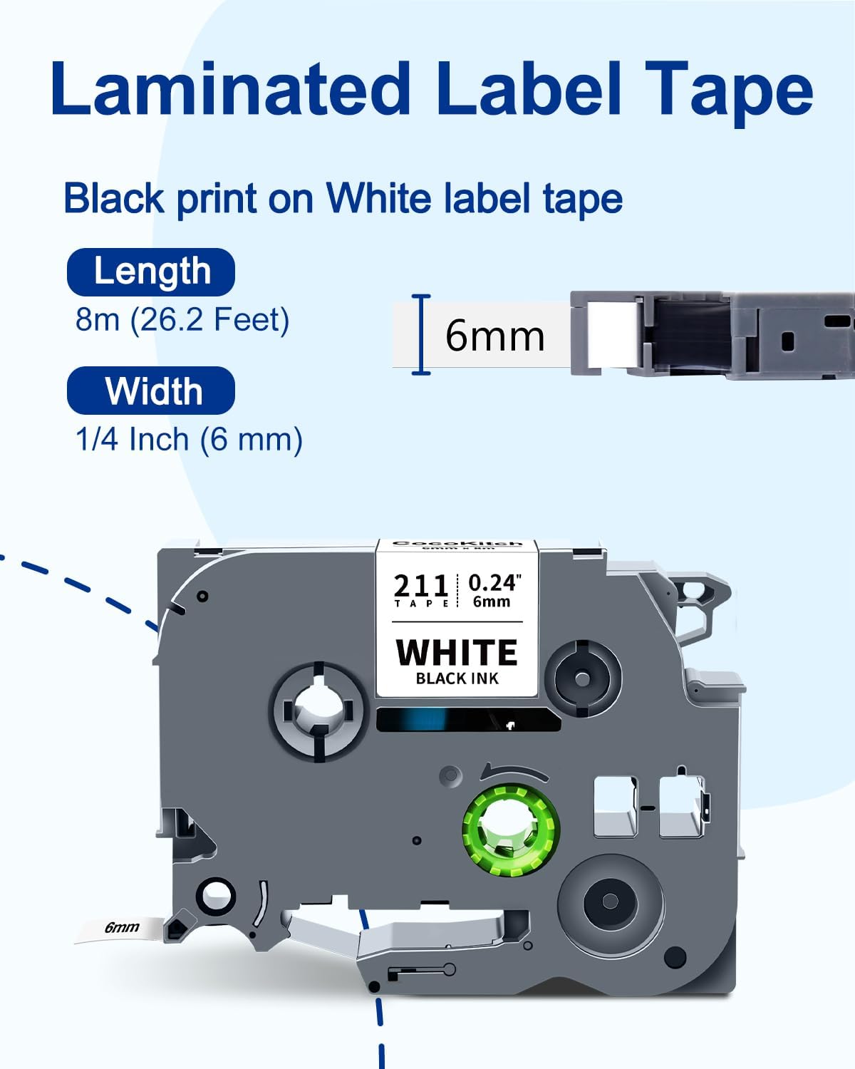 5-Pack TZe-211 TZe211 TZ-211 Compatible for Brother Label Maker Tape TZe 6mm 0.23 Laminated White for P Touch PT-H110 PTD-400 D220 D210 PTD-600 PTD610BT Label Maker, 1/4 Inch, Black on White