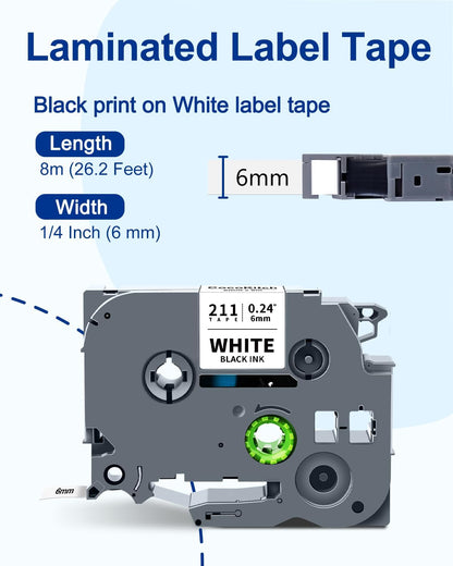 5-Pack TZe-211 TZe211 TZ-211 Compatible for Brother Label Maker Tape TZe 6mm 0.23 Laminated White for P Touch PT-H110 PTD-400 D220 D210 PTD-600 PTD610BT Label Maker, 1/4 Inch, Black on White