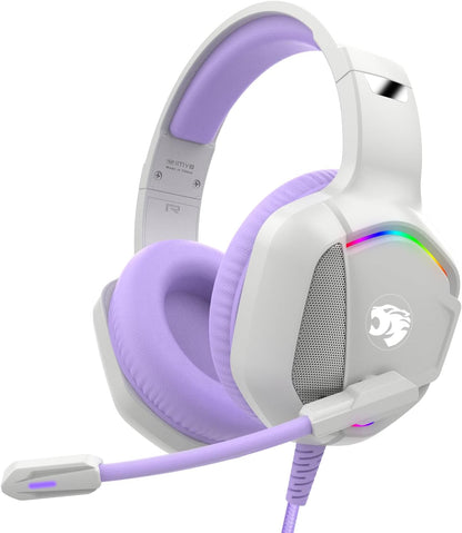 Gaming Headset with Microphone for Pc, Xbox One Series X/s, Ps4, Ps5, Switch, Stereo Wired Noise Cancelling Over-Ear Headphones with Mic, RGB, for Computer, Laptop, Mac, Nintendo (White Purple)