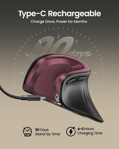 ProtoArc Ergonomic Vertical Mouse, EM11 NL Rechargeable Wireless Mouse Bluetooth, Ergo Mice with 3 Multi-Device for PC/Notebook/Laptop, 2.4GHz Optical Mice for Windows, Mac OS, Wine Red