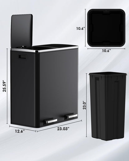 Arlopu 16 GallonStainless Steel Trash Can, 60L Dual Compartment, Metal Kitchen Step Recycle Bin, Metal Double Dustbin, in-Home Garbage Rubbish Can W/Removable Liner Buckets (Black)