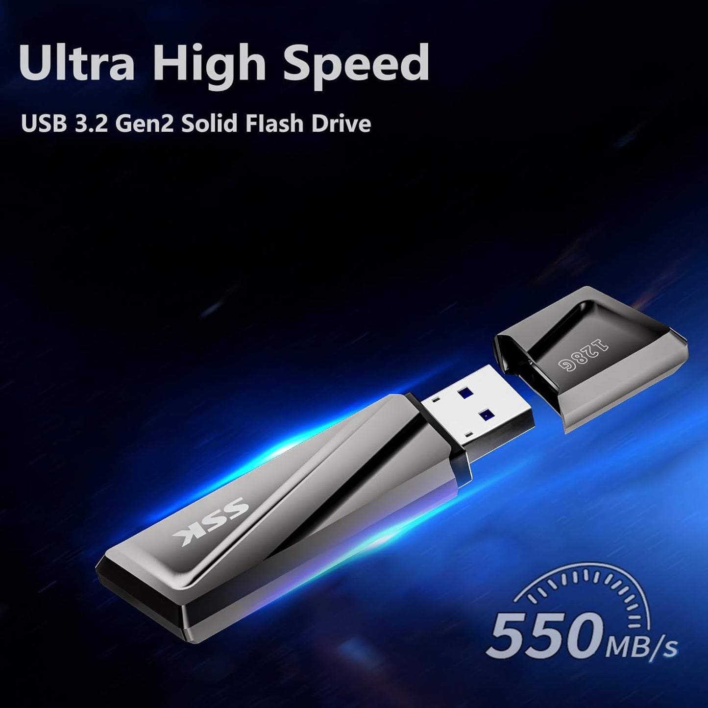 SSK 128GB USB Flash Drive 550MB/s USB 3.2 Gen2 USB Thumb Drive Fast Transfer Speed Externel Solid State Drive +USB C Adapter USB C Memory Stick for Type C Smartphone,MacBook/Pro/Air Laptop and More