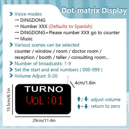 Take a Number System Queue Wireless Calling System Spanish with 1 TURNO Display 2 NEXT Call Button 1 Ticket Dispenser 3-Digit Ticket Roll for Restaurant Hospital Clinic Bank Waiting