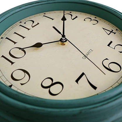 Foxtop Retro Silent Non-Ticking Round Classic Clock 12 Inch Quartz Decorative Battery Operated Wall Clock for Living Room Kitchen Home Office (Turquoise)