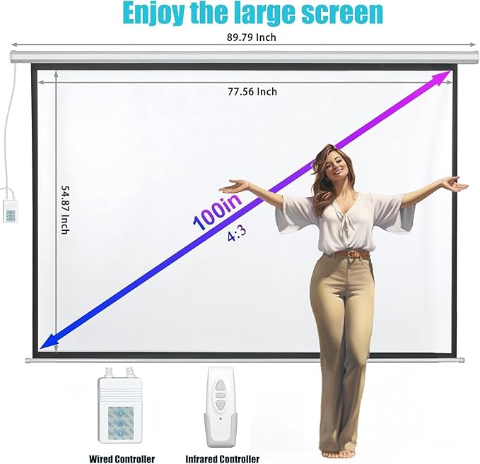 100" Motorized Projector Screen, Electric 4:3 Projector Screen with Remote Control, Indoor/Outdoor HD Movie Screen, Wall/Ceiling Mounted, Perfect for Home Office Theater TV, White