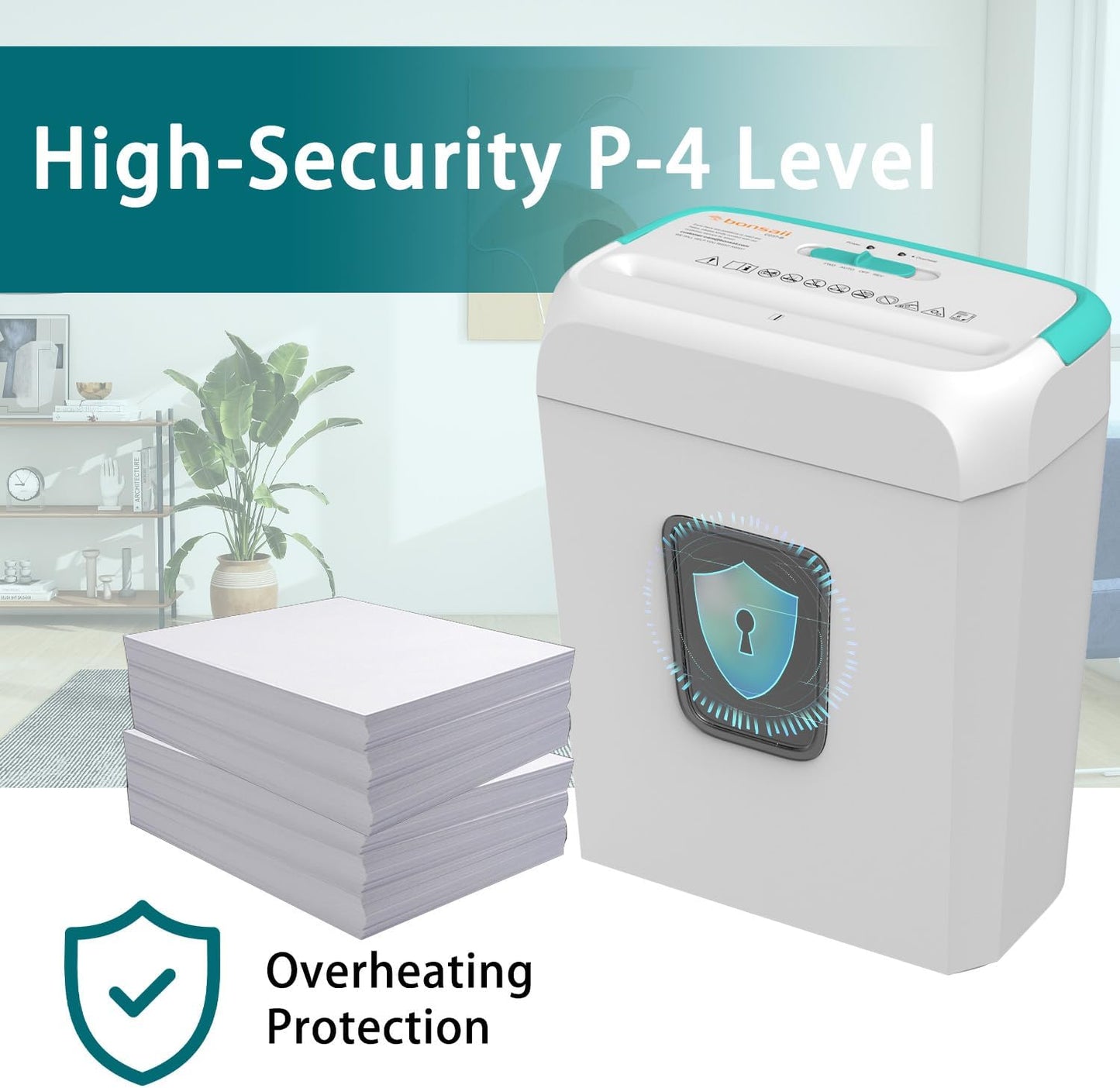 Bonsaii Secure Shredder, Home Office Shredder, high Security, 6-Sheet, Cross-Cut shredding for documents, Mail, Staples, Credit Cards, Equipped Convenient Handle, 3.4-Gallon Wastebasket, White & Blue