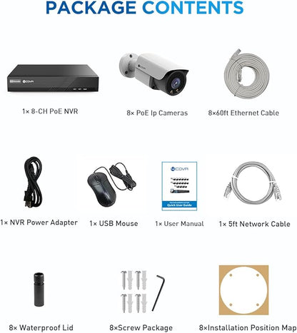 4COVR 4K PoE Security Camera System 8CH, 2-Way Audio & Smart Color Night Vision, 8X 8MP PoE IP Bullet Cameras, AI Human/Vehicle Detection, IP67 Weatherproof, 2TB NVR, 24/7 Recording, LY37YX8M0808-1
