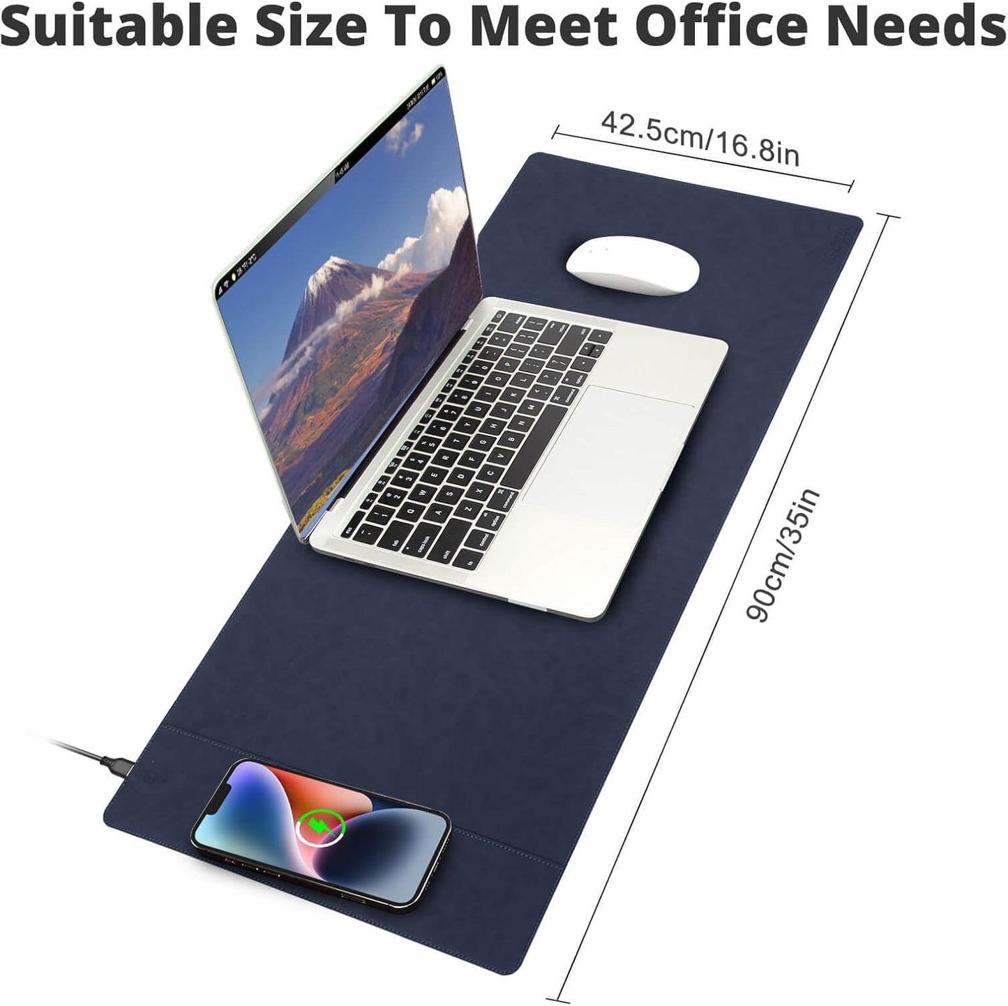 Magnetic 15W Fast Wireless Charging Desk Pad, 35.4"x16.8" Extra Large Mouse Pad, Microfiber Leather Office Desk Mat, Waterproof and Scratch-Resistant Mouse Mat for Office and Home Use,Blue