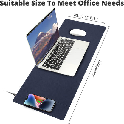 Magnetic 15W Fast Wireless Charging Desk Pad, 35.4"x16.8" Extra Large Mouse Pad, Microfiber Leather Office Desk Mat, Waterproof and Scratch-Resistant Mouse Mat for Office and Home Use,Blue