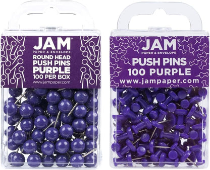 JAM PAPER Colorful Push Pins - Flat & Round Head Thumb Tack Combo Set - Purple Pushpins - 200/Pack