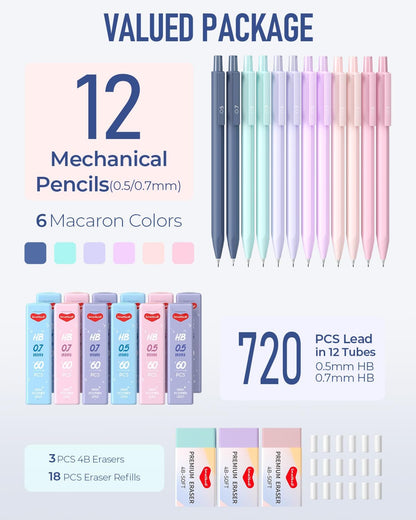 12PCS 0.5 & 0.7 mm Mechanical Pencils Set with Case, Cute Pastel Mechanical Pencil with 720PCS HB Lead Refills, 3 Erasers, Aesthetic Back to School Supplies for Student Writing Drafting