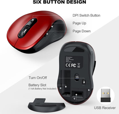 WisFox 2.4G Wireless Mouse for Laptop, Ergonomic Computer Mouse with USB Receiver and Type-C Adapter, 6 Button Cordless Mouse Wireless Mice for Windows Mac PC Notebook (Red)