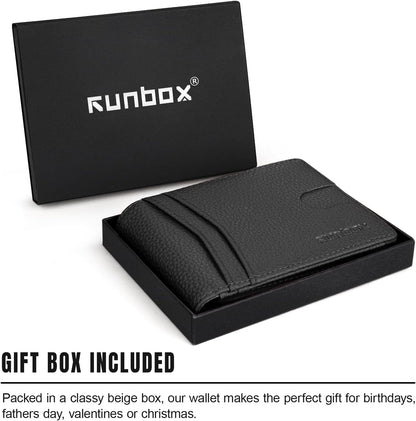RUNBOX Wallet for Men Slim Rfid Leather 2 ID Window With Gift Box