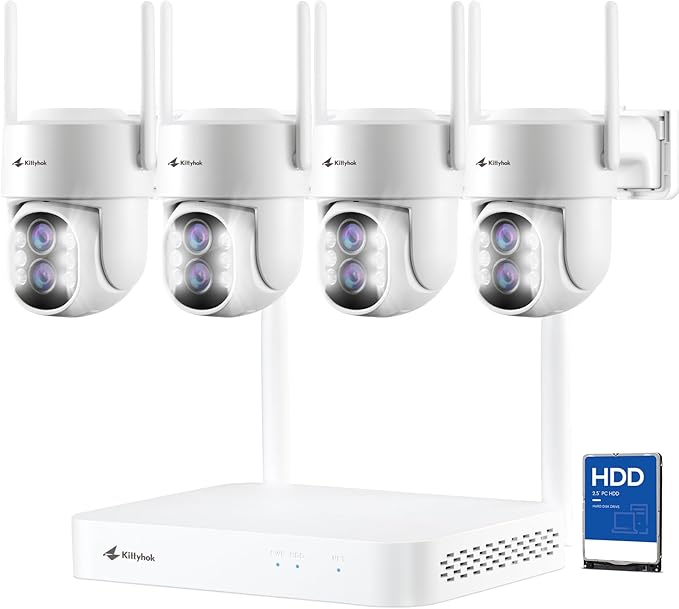 Kittyhok PTZ Wireless Security Camera System | 4pcs Dual Lens 2K Security Camera Wireless Outdoor with 10X Zoom, WiFi6 2.4G/5G, Auto Tracking, Human Detection, Spotlight | 10CH NVR with 500GB HDD
