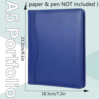 Leather Portfolio Binder 5 x 8, Mini Soft Leather Padfolio A5 Business Binder Legal Writing Pad Junior Size Document Organizer for Present Gift Kid Men Women Navy Blue
