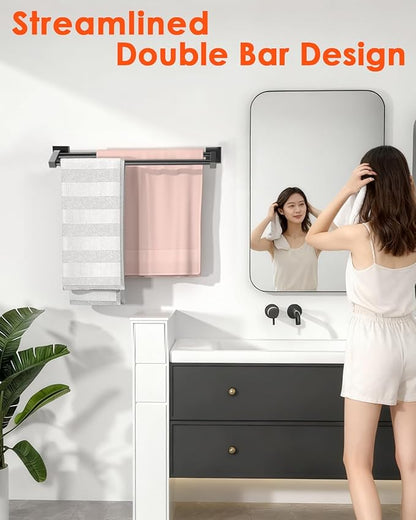 Alise Double Bath Towel Bars Towel Racks for Bathroom,Wall Mount Towel Holder Heavy Duty 16-Inch Towel Hanger Rail,GK9400-B SUS304 Stainless Steel Matte Black