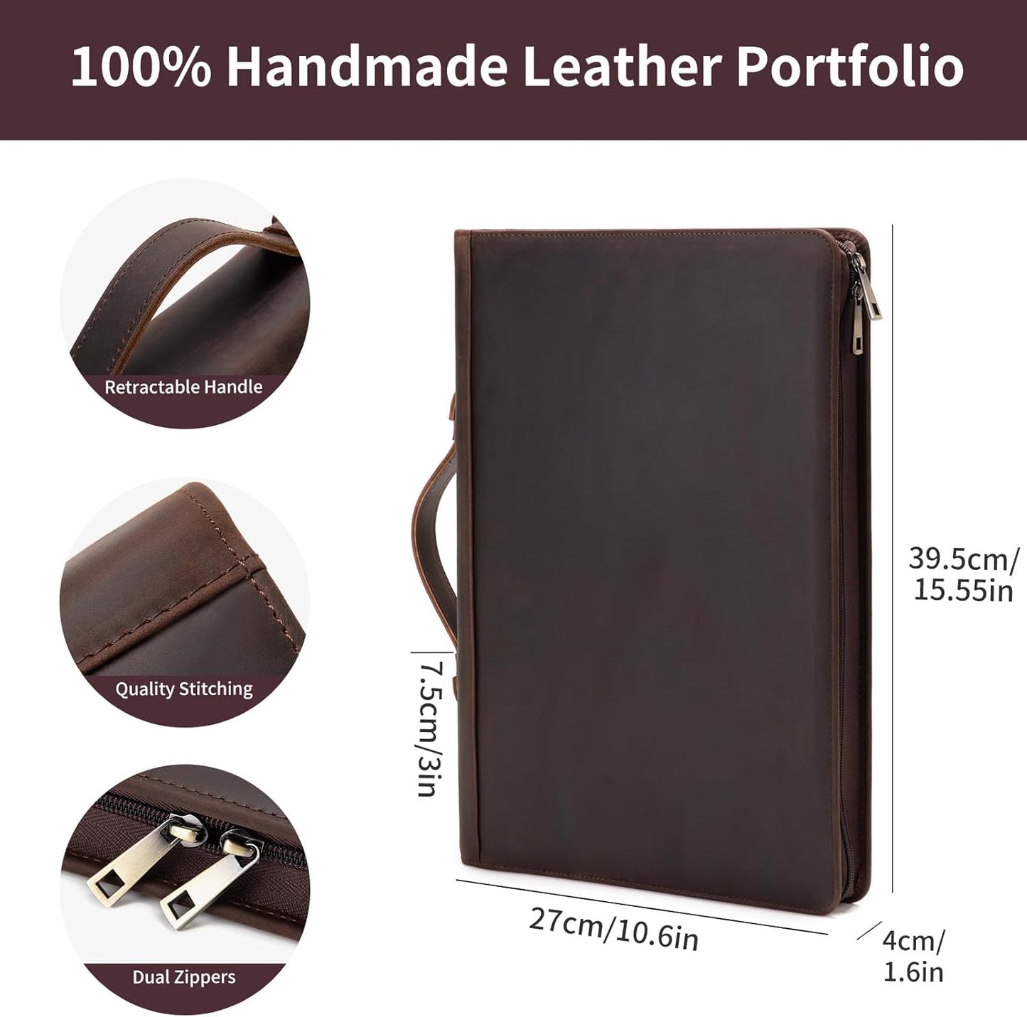 Personalized Genuine Leather 3 Ring Binder Portfolio, Custom Engraved 8.5 x 14 Legal Size Pad Padfolio, Hidden Handle, 15” Laptop Organizer, Zip Professional Business Folio, Dark Brown