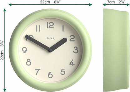 JONES CLOCKS® Fuze Wall Clock | Small Round Clock | Matcha Green | Playful Modern Design with Soft sculptural Presence | Ideal for Kitchens Living Rooms Kid's bedrooms