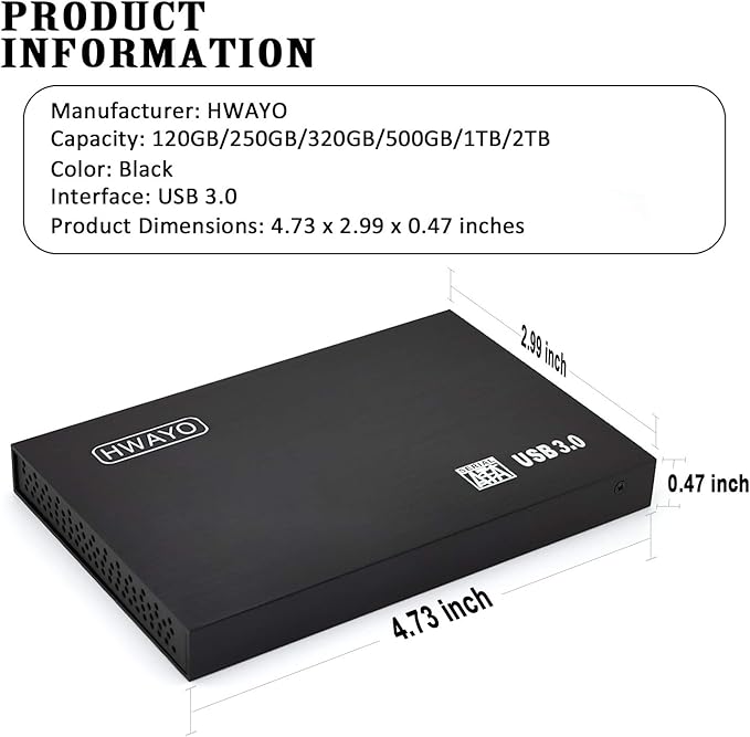 2.5'' 320GB Ultra Slim Portable External Hard Drive USB3.0 HDD Storage for Xbox One Consle, PC, Laptop (Black)