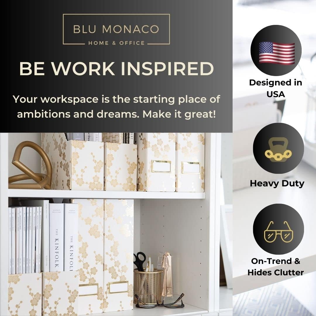BLU MONACO Decorative Foldable Magazine Storage Boxes for Desk – Set of 4 with Gold Floral Pattern & Gold Label Holder – Ideal for Book Organization & Vertical File Storage