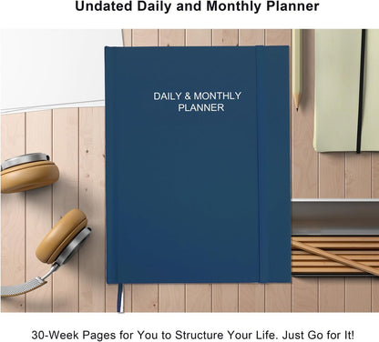 Daily & Monthly Planner for 2025 2026 or Anytime - ADHD Planner Two Pages Per Day, Daily Planner Undated to Increase Focus, Eliminate Overwhelm, Achieve Your Biggest Goals, 8.5'' × 11'', Blue