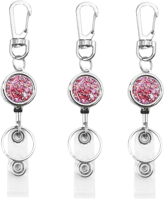 bolimoss Glittery Badge Holder Reel Retractable for Women Girls, Metal Badge Holder with Belt Clip Key Ring and Reinforced Steel Cord for ID Card Keychain (3 Pack Pink)