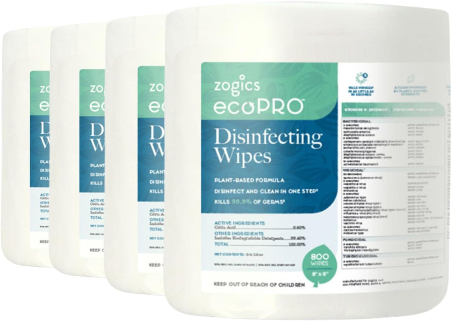 Zogics ecoPRO Plant-Based Disinfecting Wipes – Eco Friendly Wipes for Cleaning and Disinfecting Surfaces, Durable, Gentle, & Effective (Pack of 4)