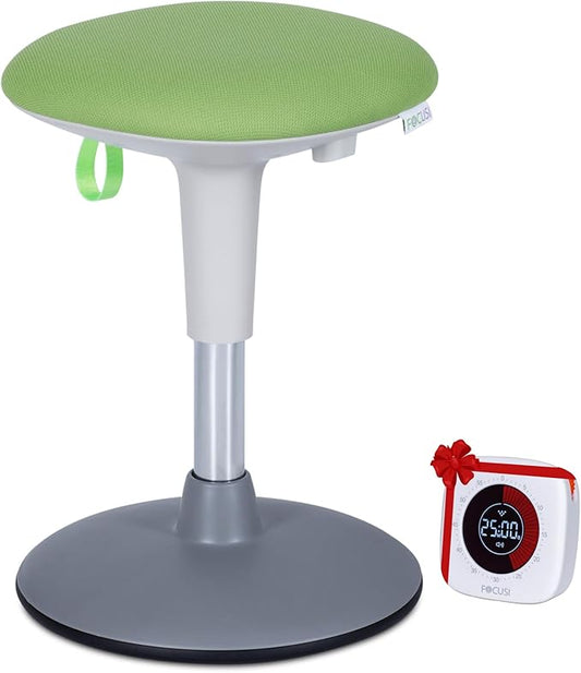 Wobble Stool for Kids Ages 7–12; Adjustable Height Wobble Stools for Classroom Seating with Soft Cushion; Flexible Wiggle Chair for Focus and ADHD Support + Bonus Visual Timer (Nature Green)