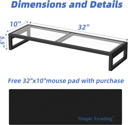 Simple Trending Dual Monitor Stand Riser, Tempered Glass Computer Desk Organizer with Mouse Pad for Laptop, iMac, TV, Black
