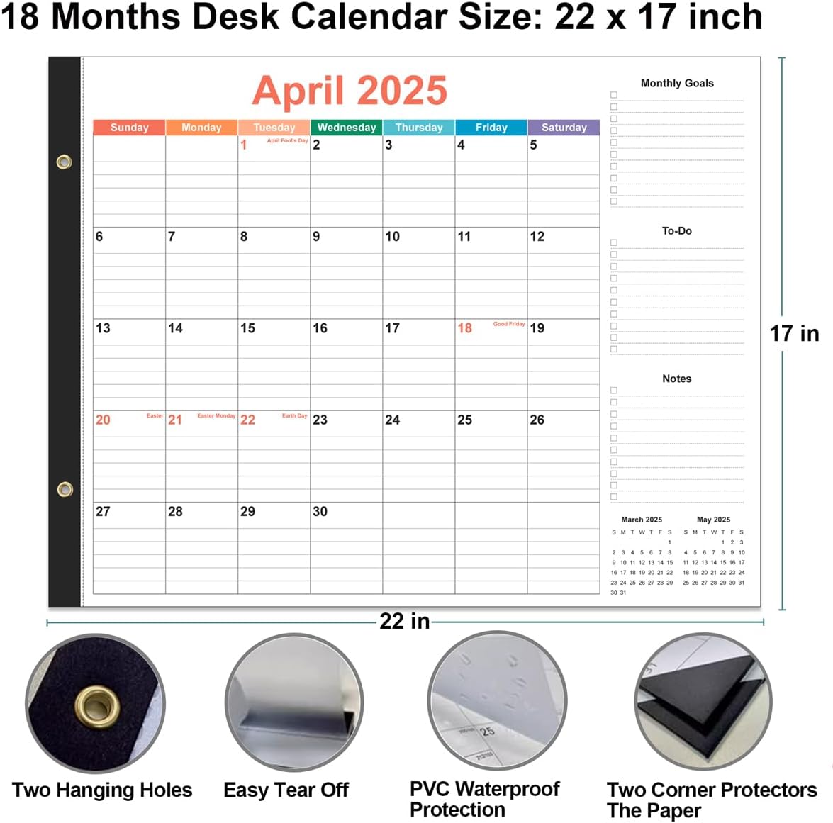 Large Desk Calendar 2025-2026 - 22" x 17" Desk Calendar from April 2025 - June 2026, Desktop Pad Calendar Perfect for Planning and Organizing In Your Home, School or Office, Colorful