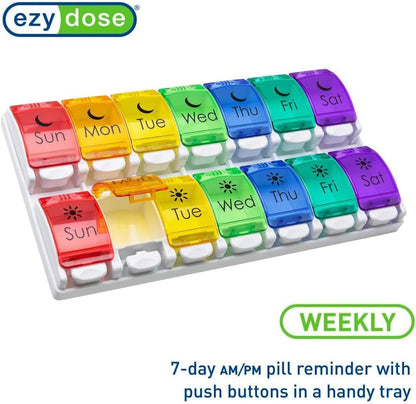 EZY DOSE Weekly (7-Day) Pill Case, Medicine Planner, Vitamin Organizer, 2 Times a Day AM/PM, Removeabale Trays, Large Push Button Compartments, Easy to Use, Arthritis Friendly, Rainbow Lids, BPA Free
