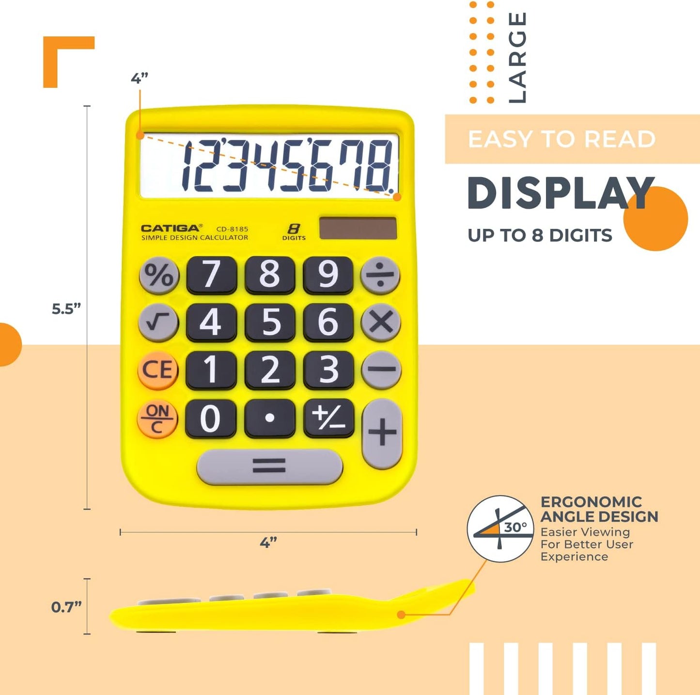 CATIGA Desktop Calculator 8 Digit with Solar Power and LCD Display, Big Buttons, for Home, Office, School, Class and Business, 4 Function Small Basic Calculators for Desk, CD-8185