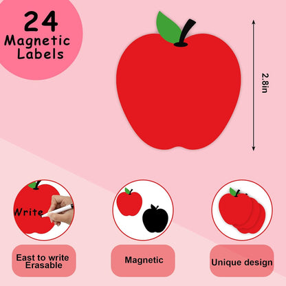 24Pcs Red Apples Dry Erase Magnetic Labels Back to School Reusable Name Tag Magnets with Erasable Pencil for Classroom Bulletin Board Wall Office Decor DIY Whiteboard Fridge